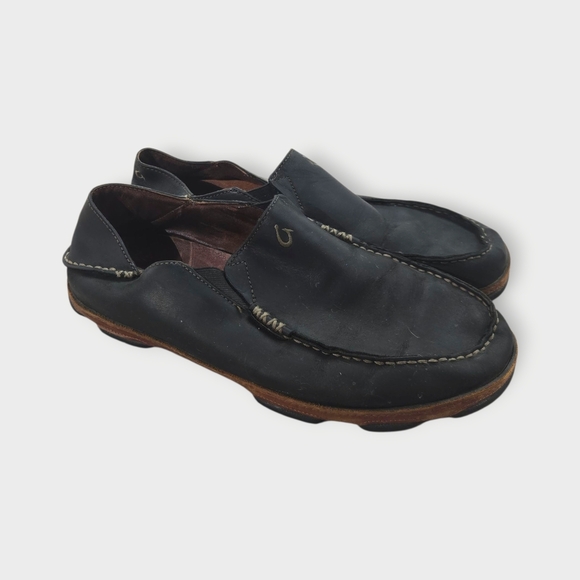 Olukai Moloa Moccasin Shoes Slip On Comfort Black Brown Leather Mens Size 11 - Picture 1 of 8
